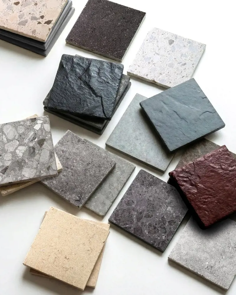 Échantillons de pavés en béton présentant couleurs, textures et finis pour patios et aménagement paysager