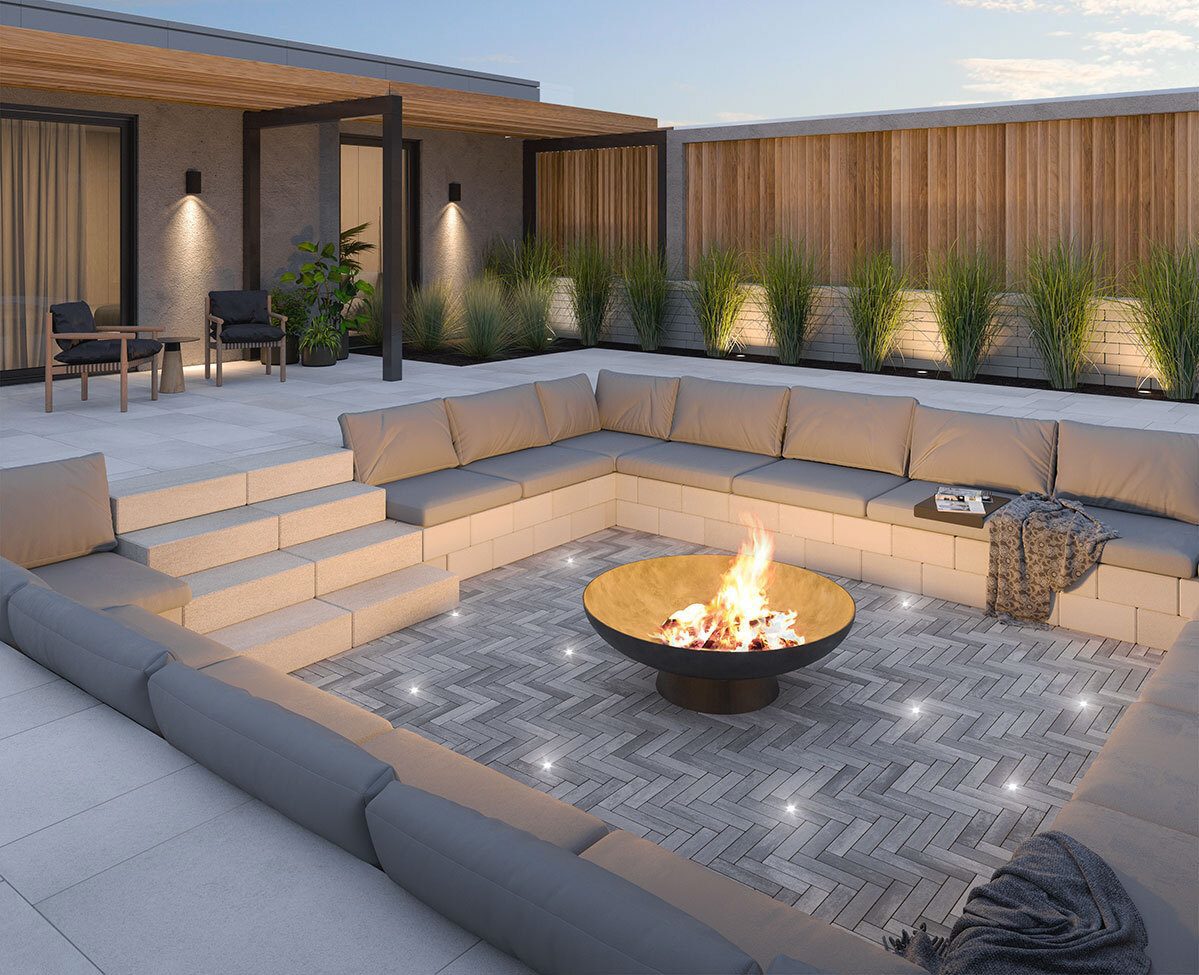 Tranquil backyard with a seating area and firepit in the middle. 