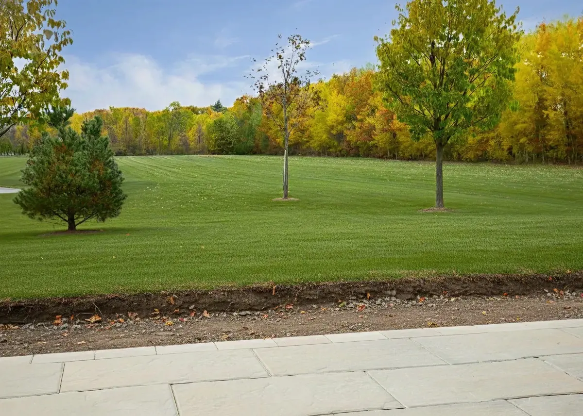 Landscape area prepared for retaining wall installation along a lawn edge with trees and a forest backdrop.