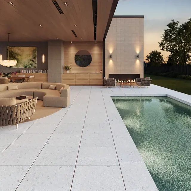 Terrazzo Slabs by Techo-Bloc, elegant slip-resistant slabs, perfect for a sleek, modern poolside patio with a refined marble and granite blend.