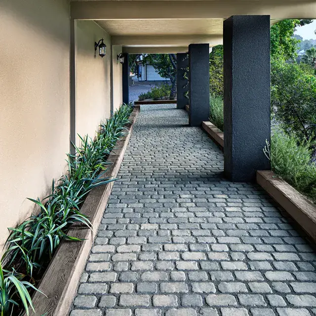 Villagio Pavers by Techo-Bloc, rustic cobblestone pavers arranged in a permeable walkway, adding charm and functionality to the garden path.