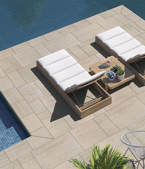 Techo Bloc slabs caps backyard poolside travertina bali ivory