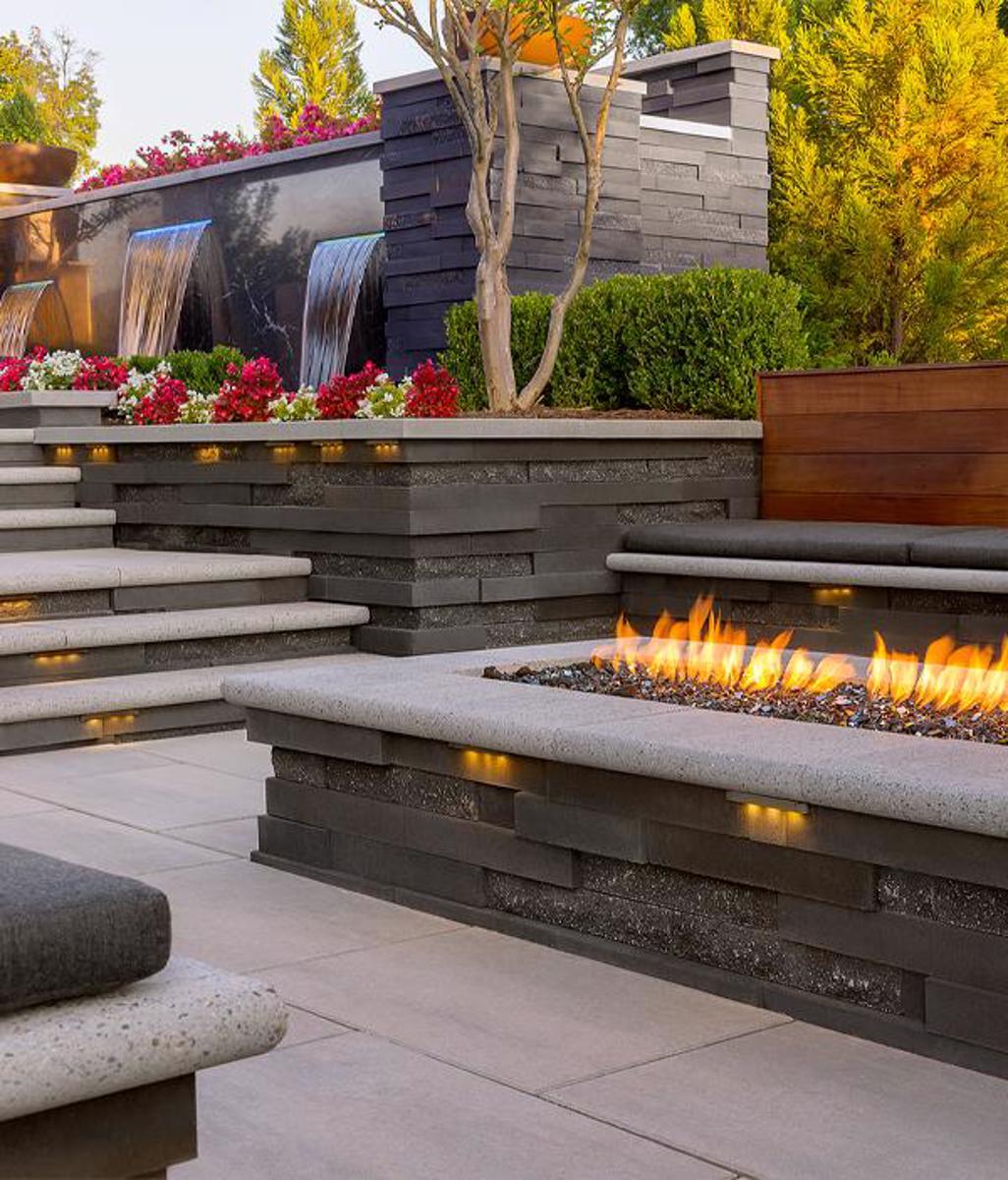 Techo bloc by style backyard steps firepit slabs walls caps grey modern 3