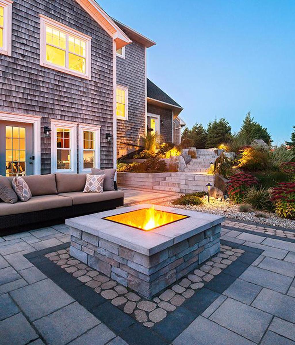 Techo bloc by style backyard patio firepit slabs pavers walls caps grey brown black rustic 3