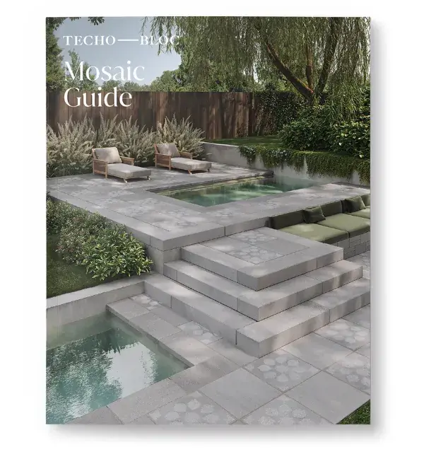 Cover of the Mosaic Guide showing a tiered pool and patio design with lounge chairs and built-in seating—highlighting modular outdoor layouts.
