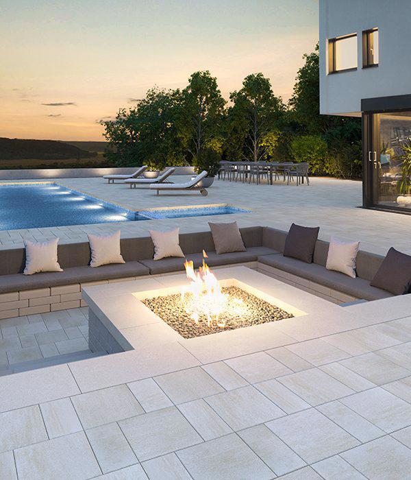 Techo Bloc slabs walls caps backyard fireplace patio poolside firepit industria raffinato greyed nickel