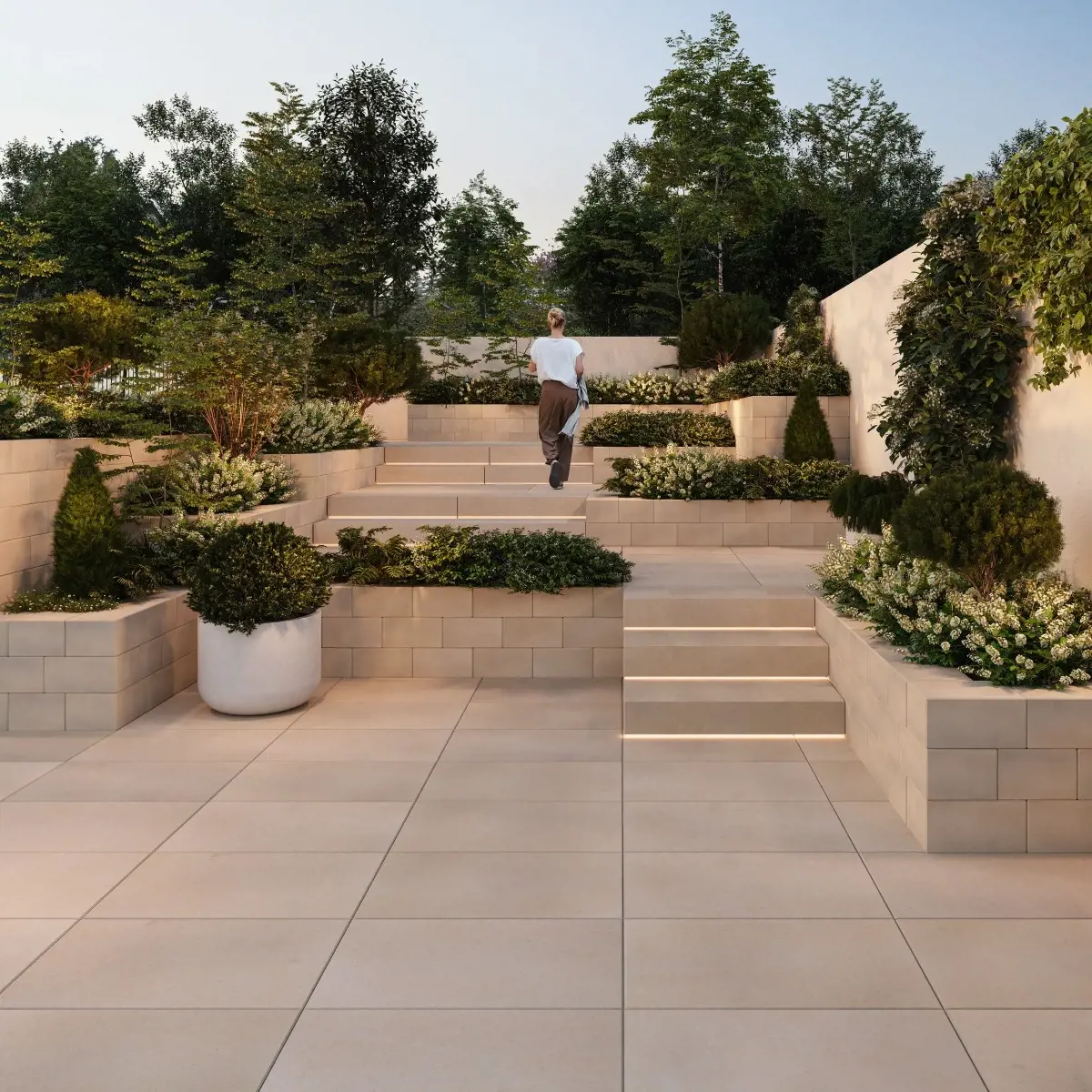 Marche Systema par Techo-Bloc en Beige Crème, formant des escaliers extérieurs modernes avec effet flottant et éclairage intégré.