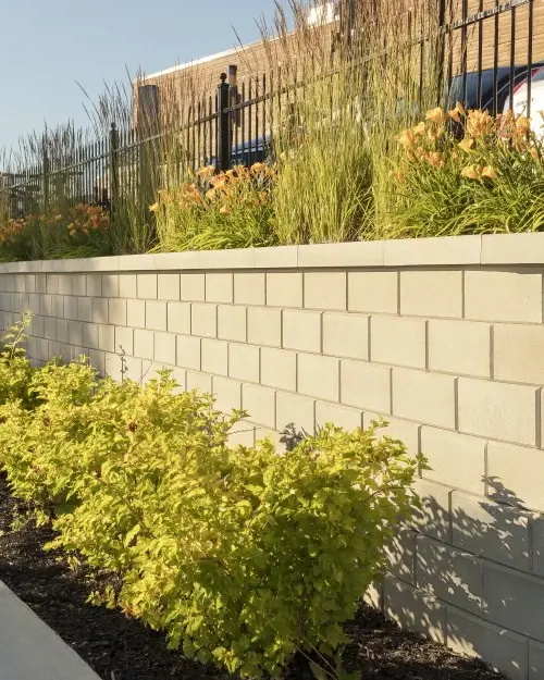 Mur de soutènement commercial construit avec des blocs Techo-Bloc, accompagné de plates-bandes superposées avec graminées ornementales et arbustes le long d’une propriété clôturée.