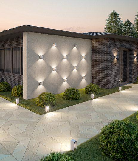 Techo Bloc pavers walkway frontyard entrance lighting industria triangle beige cream