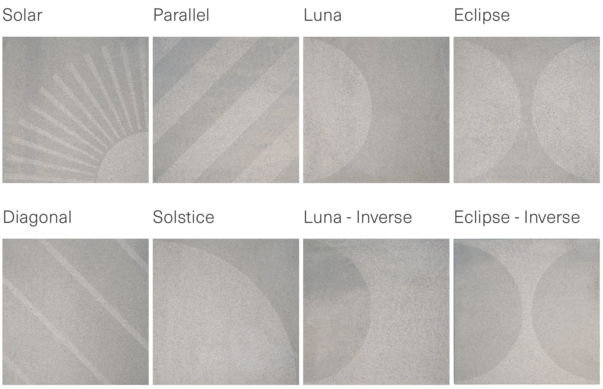 Studio Collection concrete pattern options including Solar, Parallel, Luna, Eclipse, Diagonal, Solstice, Luna-Inverse, and Eclipse-Inverse