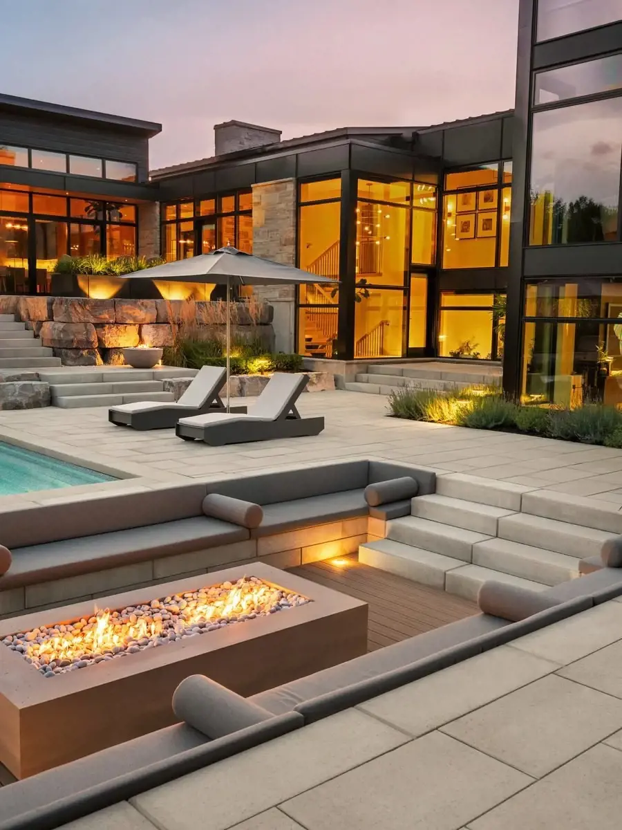 Multi-level patio featuring large-format Techo-Bloc pavers, integrated fire table, and contemporary architecture.