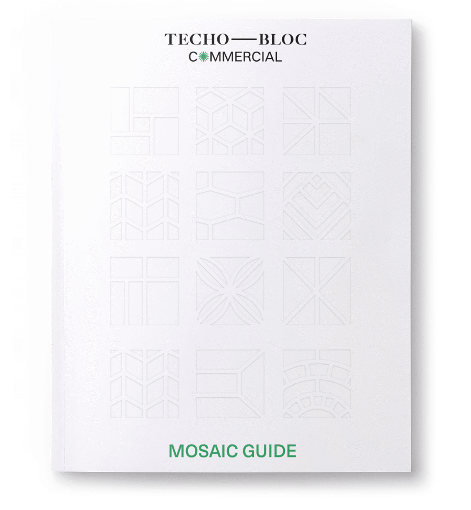 Cover of the Techo-Bloc mosaic design guide displaying outlined pattern diagrams.