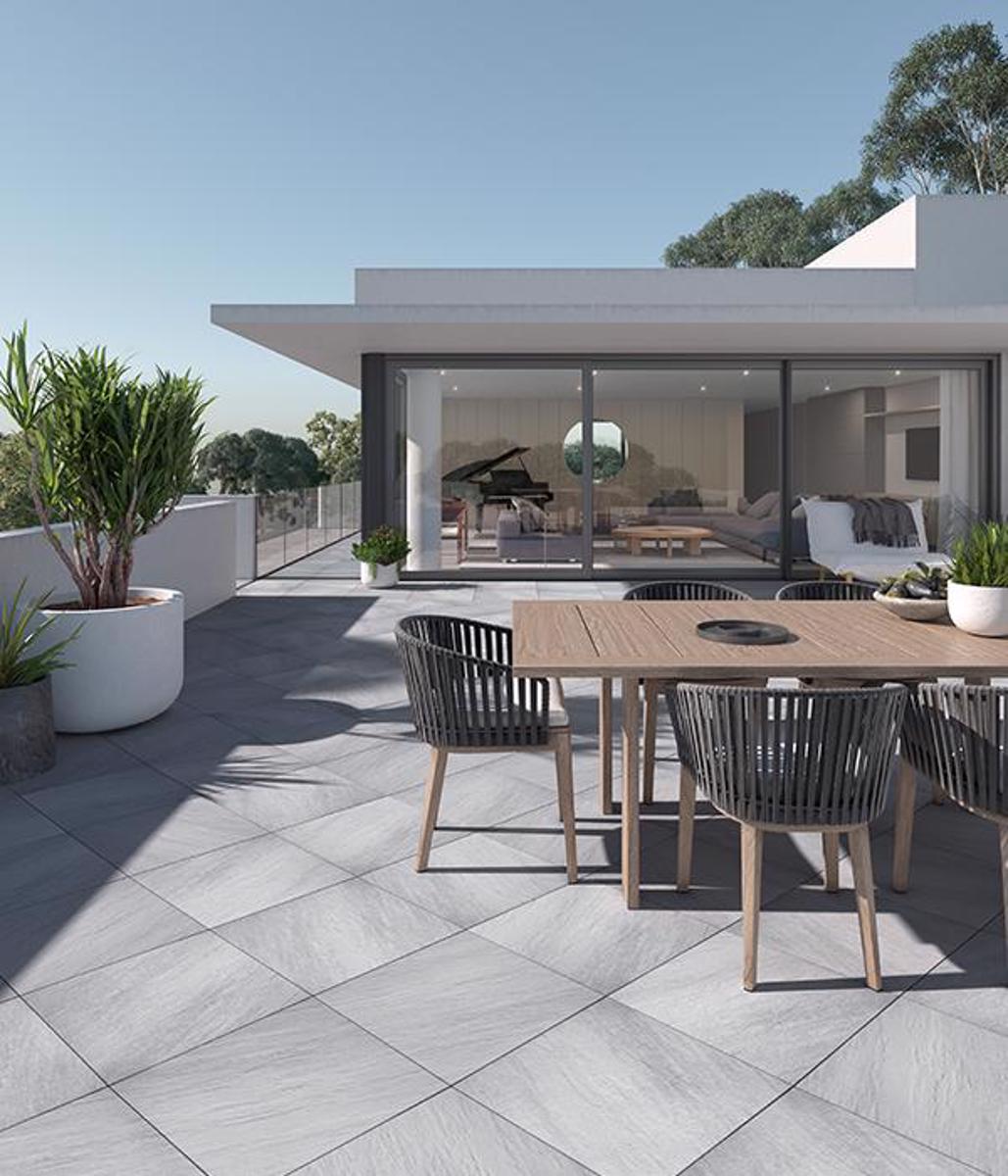 Techo bloc rooftop patio slabs grey natural stone texture everest 600x700