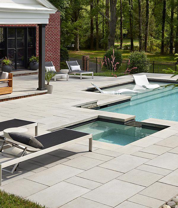 Techo Bloc slabs caps backyard patio poolside para raffinato greyed nickel