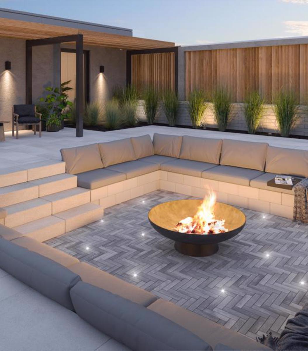 Techo bloc lighting backyard patio stairs bench firepit slabs pavers walls caps grey bloc3 img