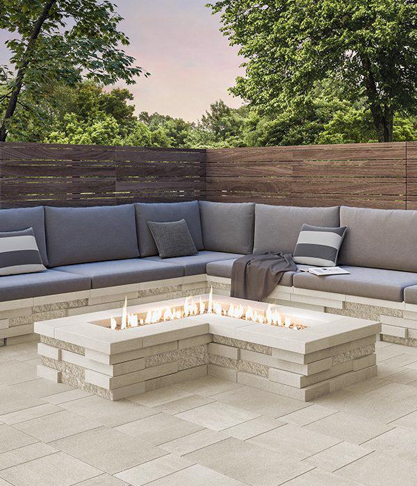 Techo Bloc slabs walls caps backyard patio firepit bench blu graphix beige cream