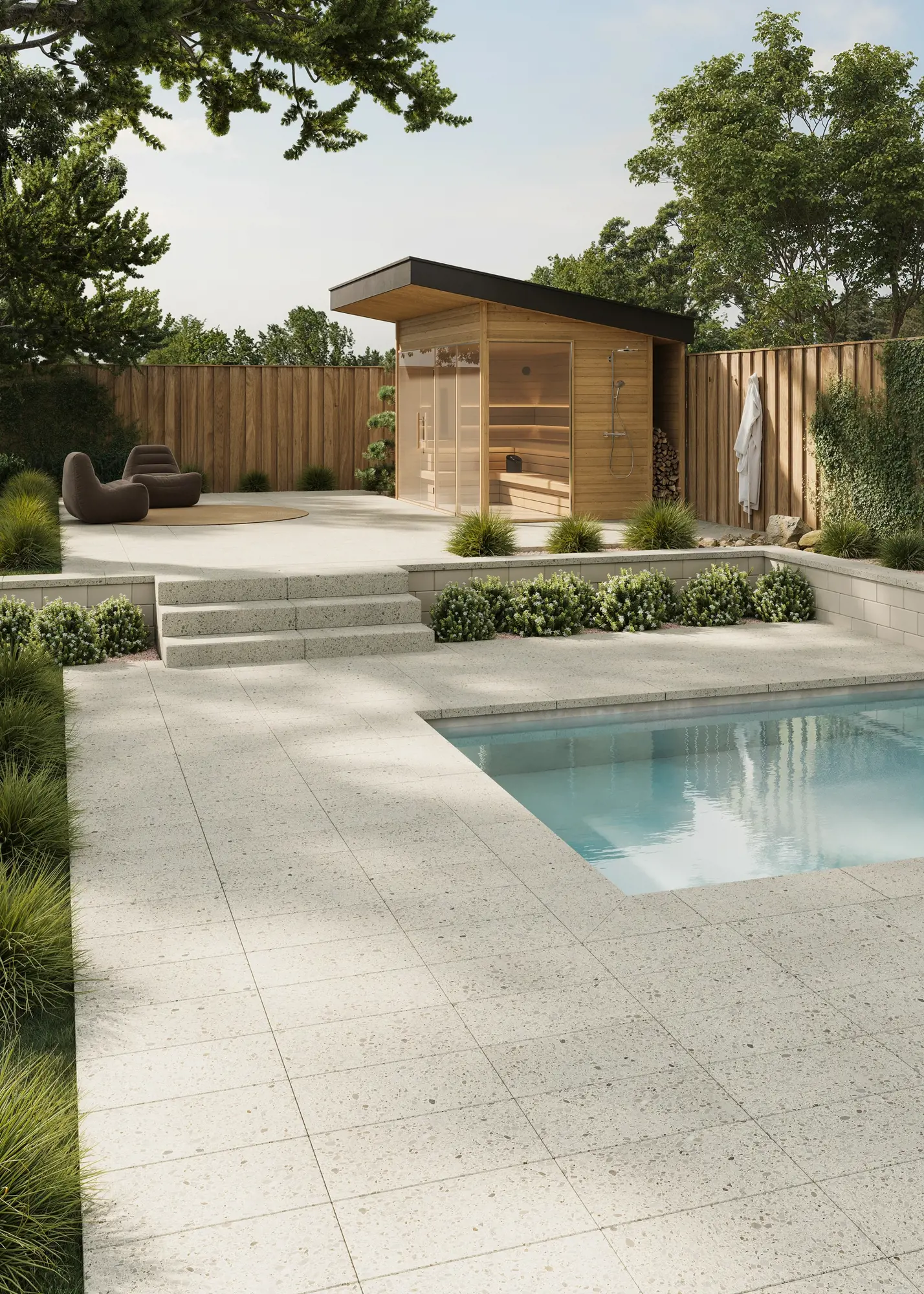 Terrazzo Step in Stardust Beige with a polished surface, shown on a poolside patio