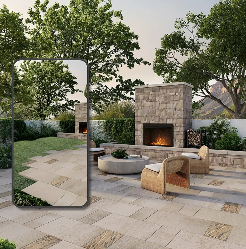 Patio extérieur avec pavés modulaires en béton et foyer, illustrant la visualisation et la planification d’aménagement