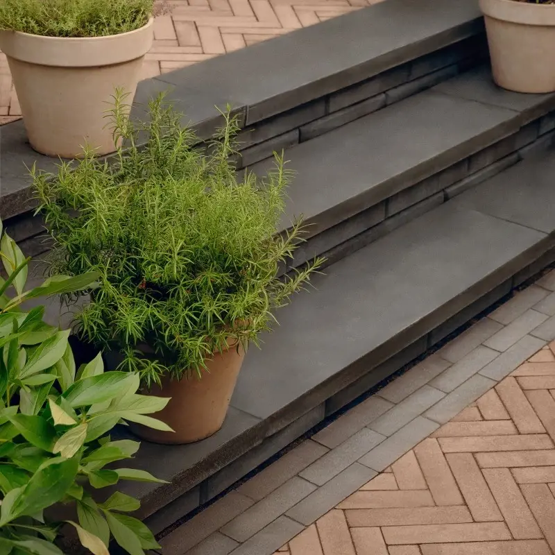 Garden steps finished with Limestone caps in Onyx Black, paired with light concrete paving.