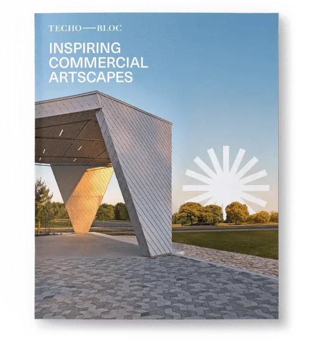 Cover of the Techo-Bloc commercial catalog featuring a modern outdoor installation with geometric architectural elements.