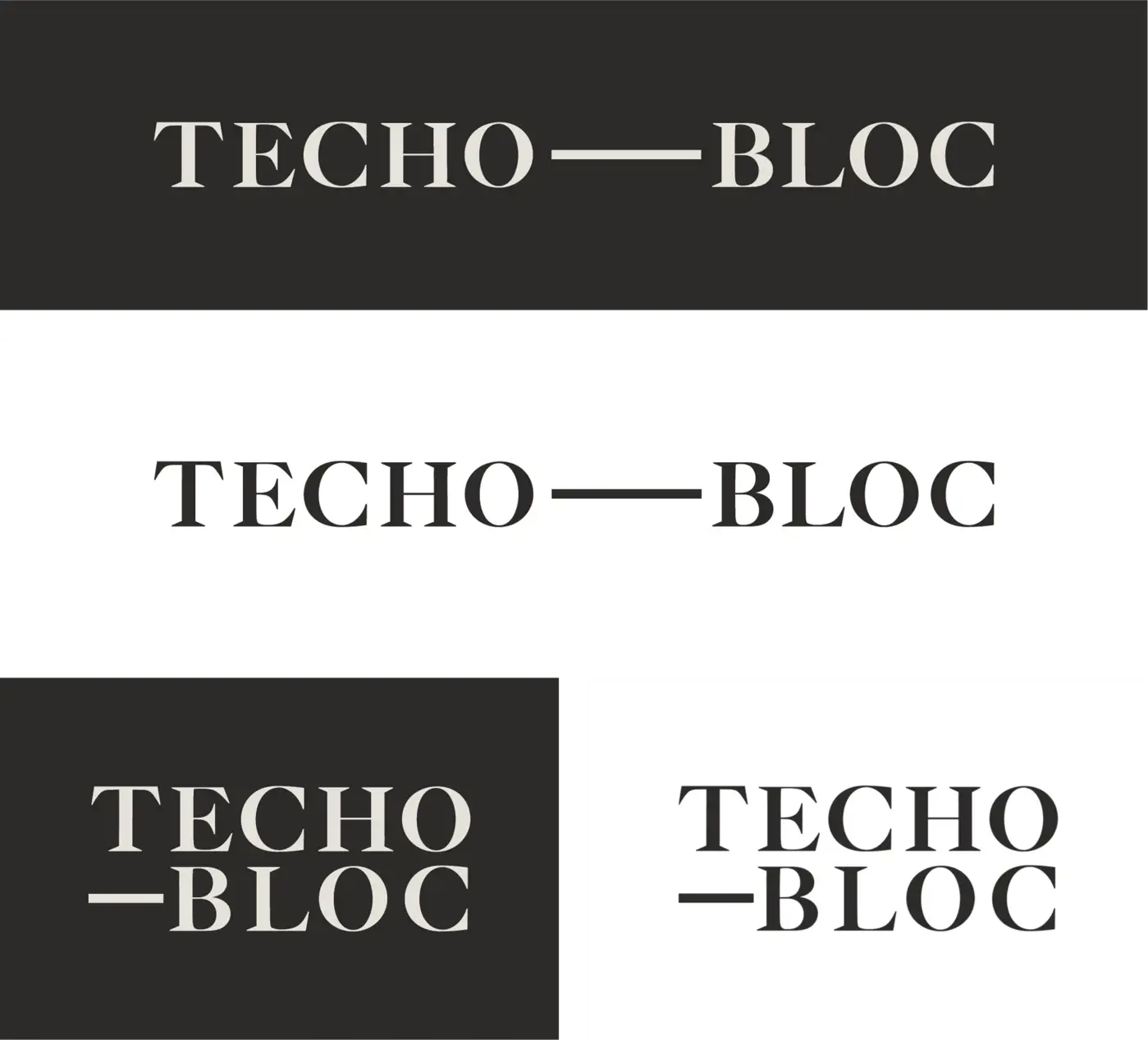 Techo-Bloc logo usage examples showing approved logo variations on light and dark backgrounds