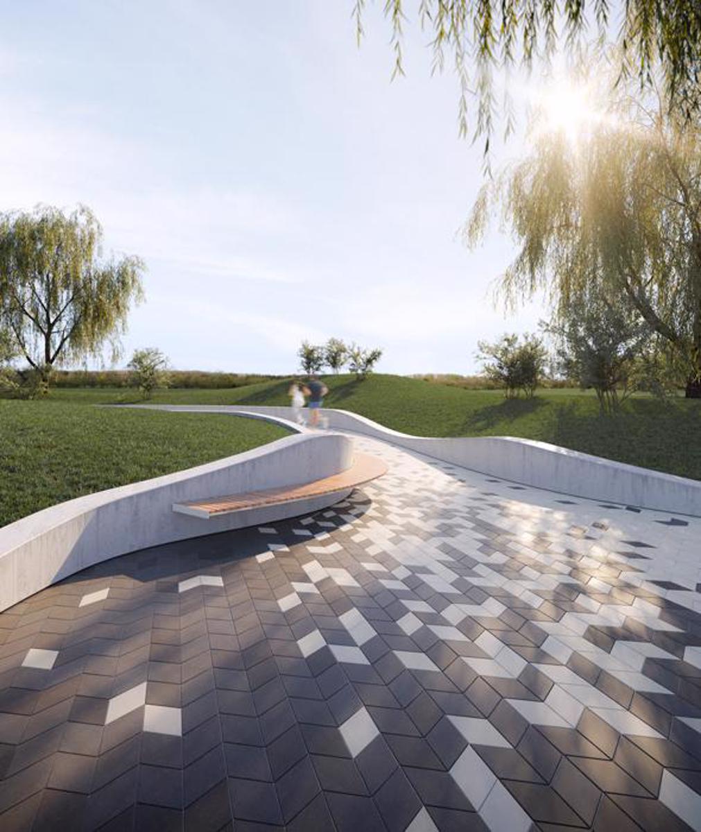 Techo bloc commercial walkway park pavers grey black Diamond 600x700