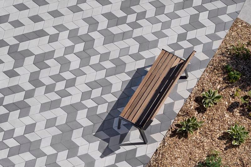 Road surface, Outdoor furniture, Urban design, Wood, Rectangle, Flooring, Floor, Line, Plant