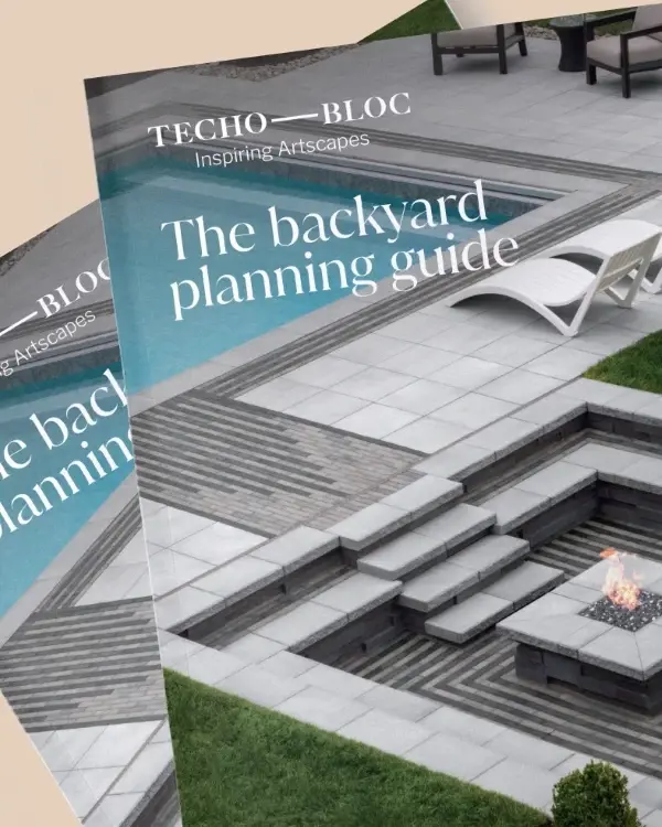 Techo-Bloc Backyard Planning Guide cover over modern patio with steps and fire feature.