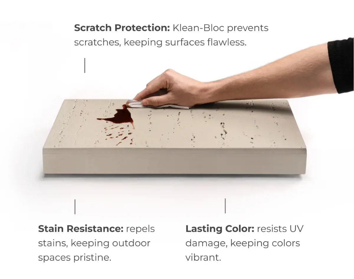 Klean-Bloc protected paver surface resisting stains and scratches, shown with spilled liquid being wiped clean