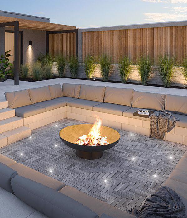 Techo Bloc pavers walls steps backyard patio firepit lighting westmount raffinato shale grey greyed nickel