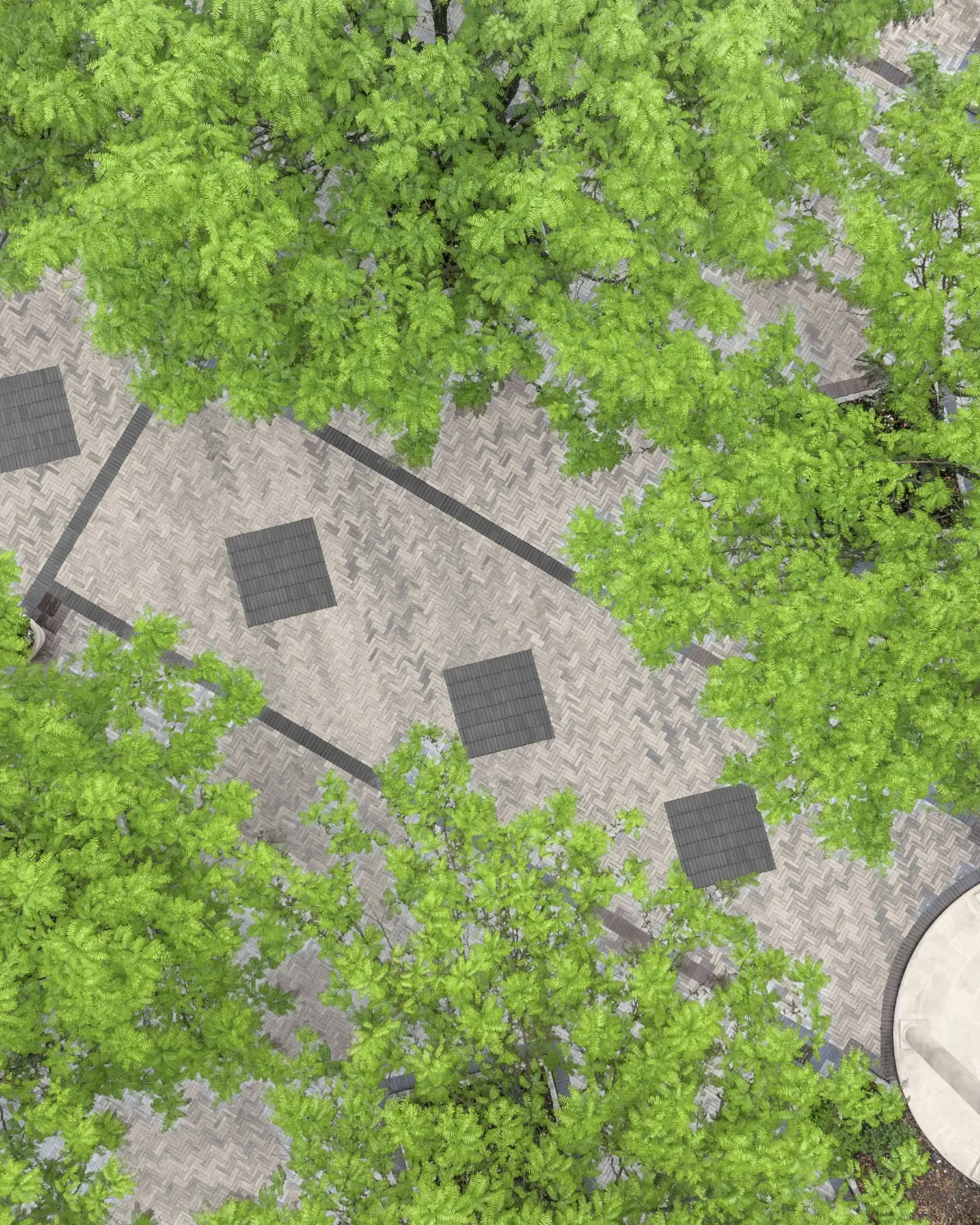 Vue aérienne des sentiers paysagers pavés de Westmount HD² Smooth en Gris Calcaire et Noir Onyx, formant des motifs géométriques.