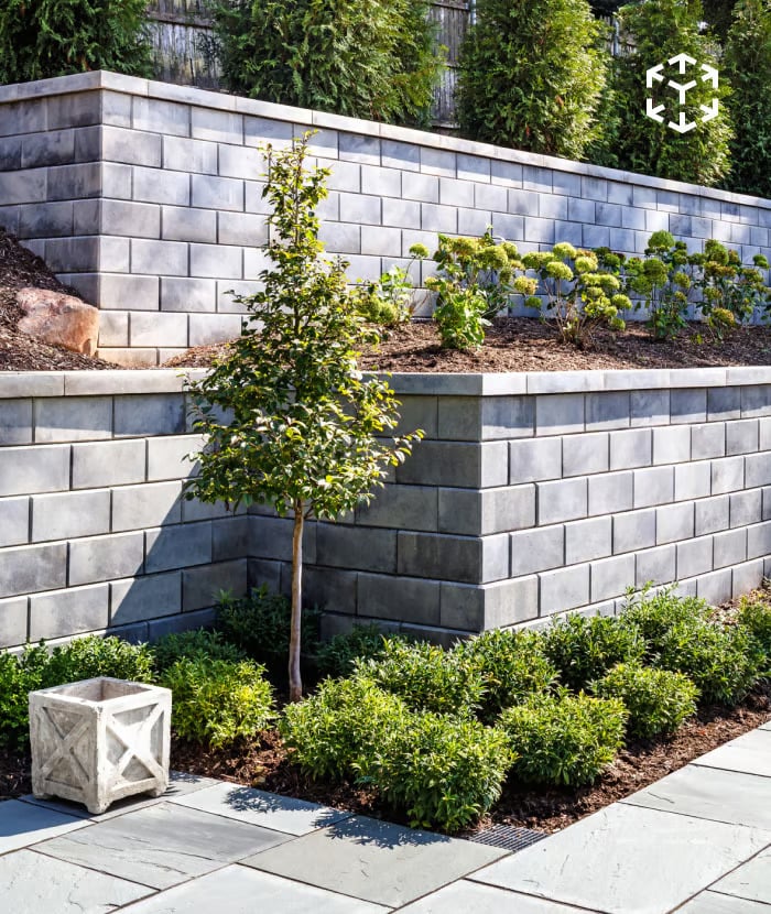 G-Force Wall built with smooth modern concrete blocks creating a tiered retaining wall in a landscaped garden.