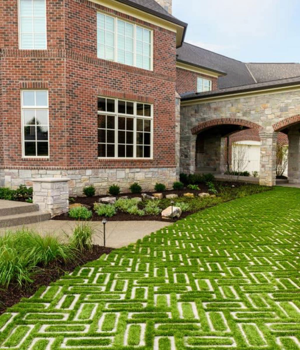 Techo bloc permeable pavement frontyard walkway pavers grass aquastorm grey
