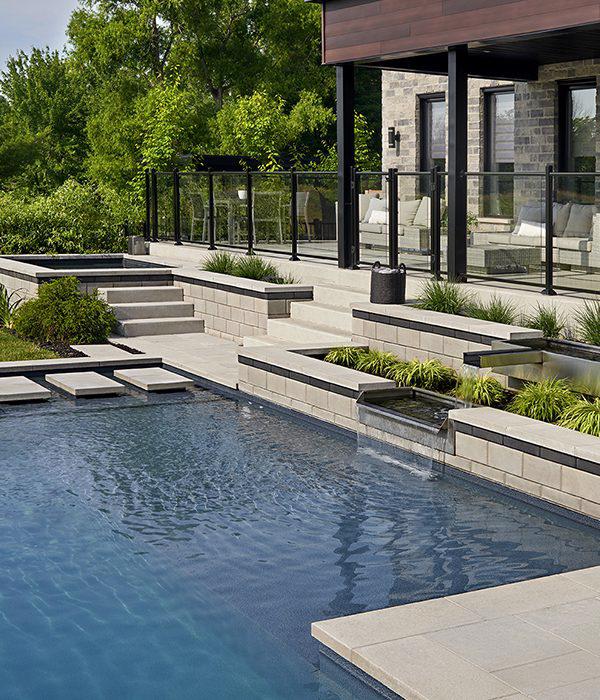 Techo Bloc slabs walls caps backyard patio poolside blu grande raffinato greyed nickel onyx black