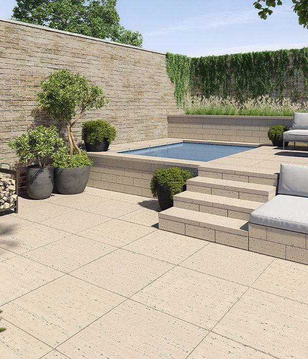 Techo Bloc slabs walls caps backyard patio steps poolside travertina ivory