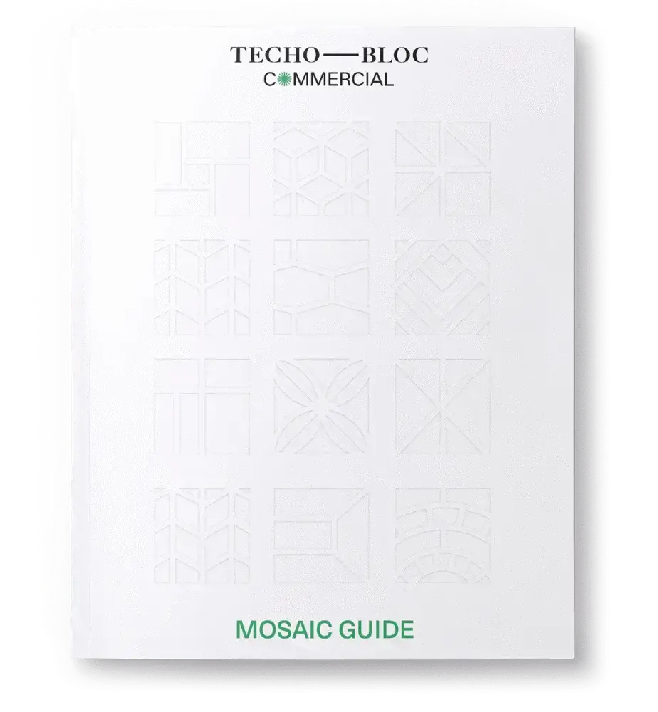 Cover of the Techo-Bloc mosaic design guide displaying outlined pattern diagrams.