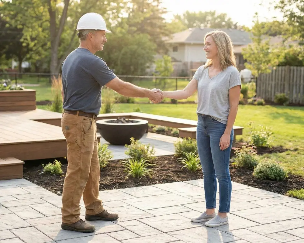 Entrepreneur et cliente se serrant la main sur un patio terminé, illustrant la confiance et l’accord pour un projet extérieur.