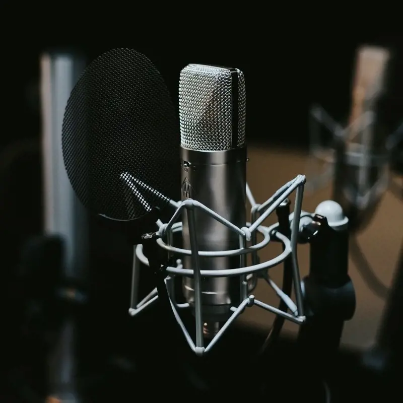 Studio microphone and pop filter representing radio advertising production