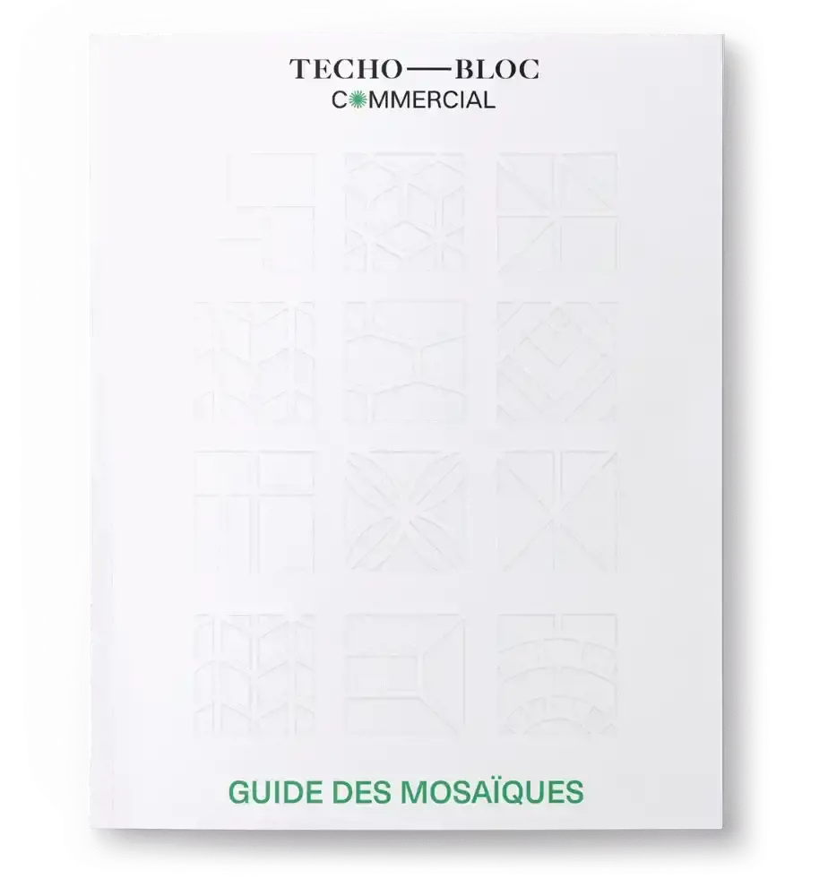 Couverture du guide de motifs mosaïques Techo-Bloc présentant des diagrammes de motifs en tracé.