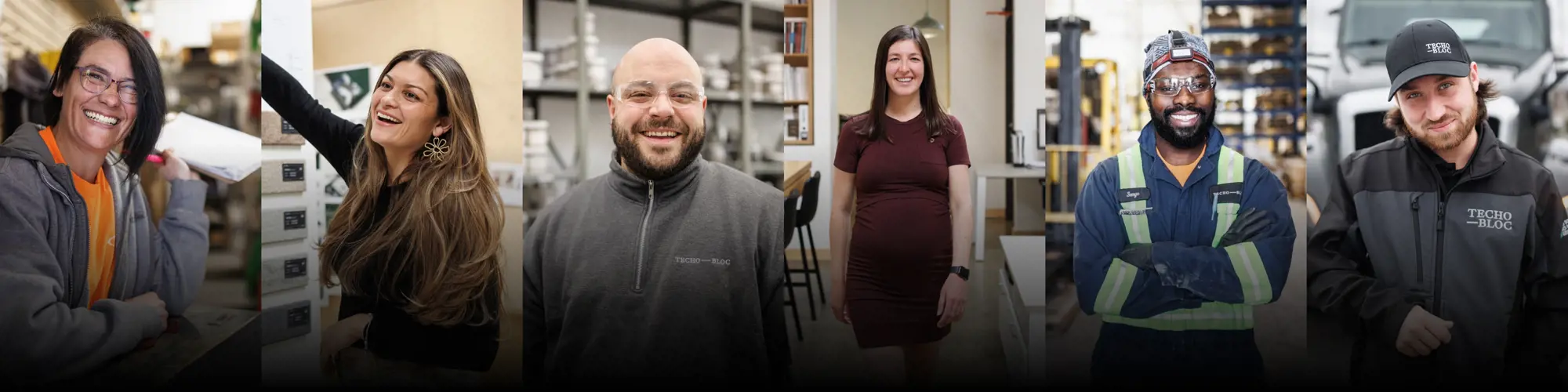 Employés de Techo-Bloc souriants dans leurs milieux de travail, illustrant une culture d’entreprise inclusive et accueillante.