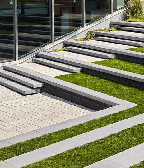 Techo Bloc pavers walls caps commercial school steps blu raffinato greyed nickel onyx black