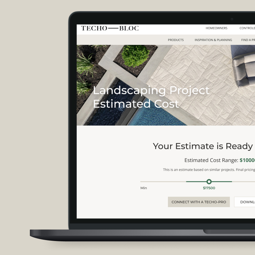 A laptop displaying the Techo-Bloc website's landscaping project estimator tool, showing an estimated cost range with a slider set to $17,500, and a call-to-action button titled Contact a Techo-Pro.