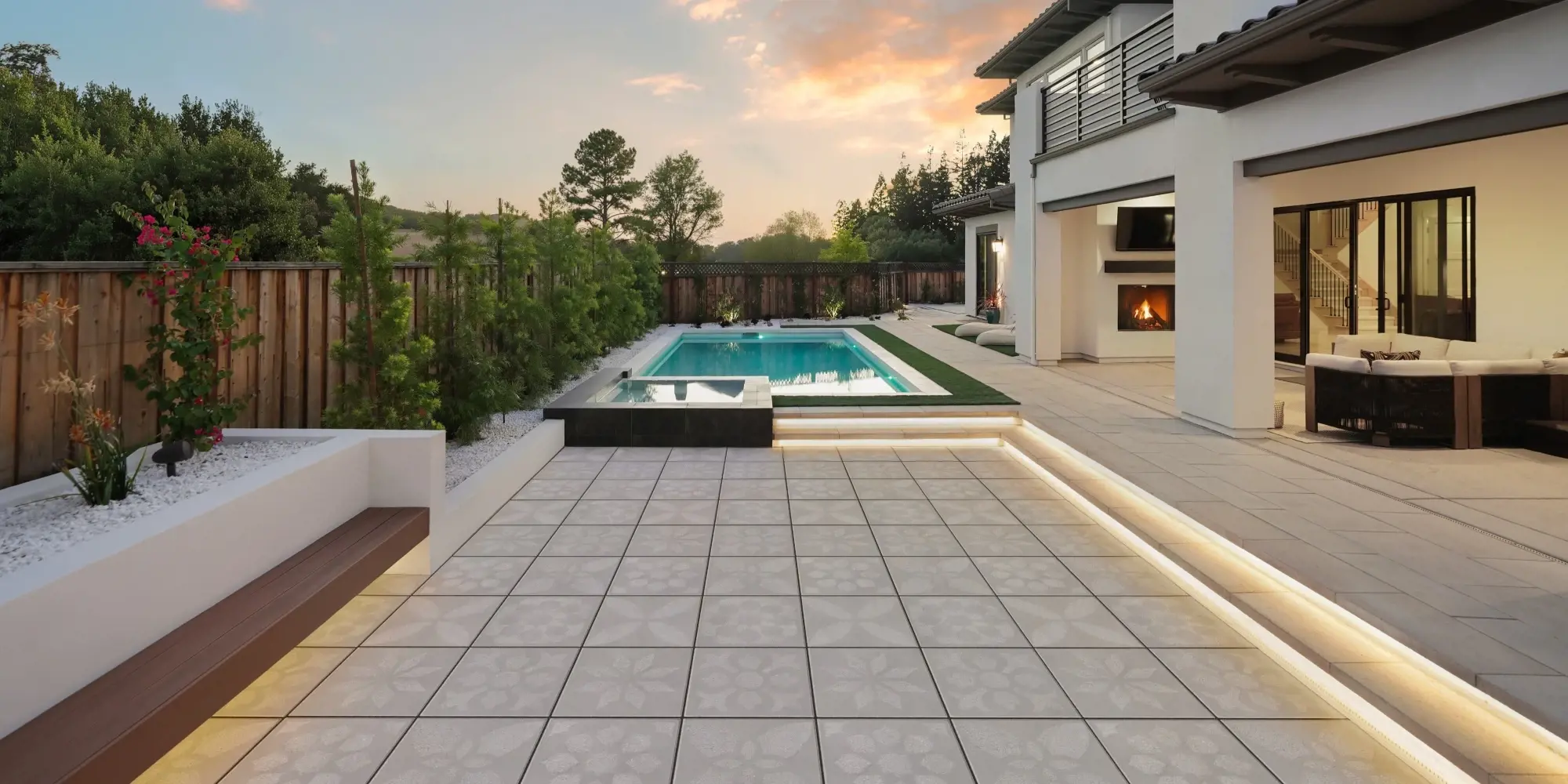 Cour arrière moderne avec piscine, grandes dalles de patio, foyer extérieur et aménagement haut de gamme signé Techo-Bloc