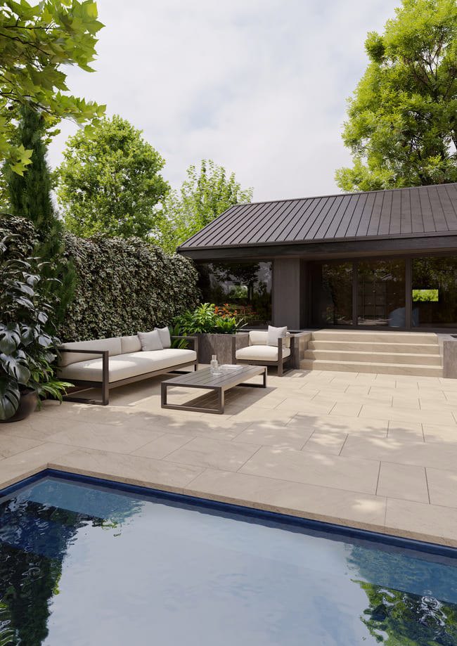 Patio featuring a pool and seating area.