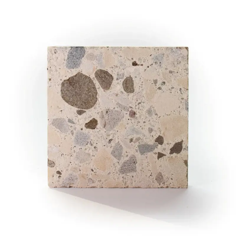Terrazzo Sample patio slab in Stardust Beige with warm aggregate stone texture for outdoor design