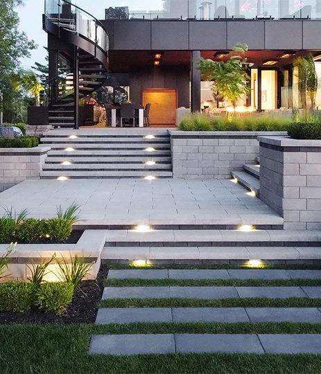 Techo Bloc slabs walls steps backyard walkway patio lighting para raffinato blu grande greyed nickel onyx black