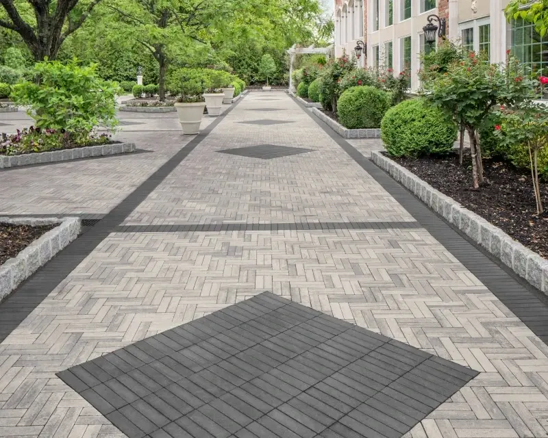 Allée de jardin élégante en pavés Westmount de Techo-Bloc, disposés en motif linéaire, créant un sentier contemporain qui traverse harmonieusement les espaces paysagers.