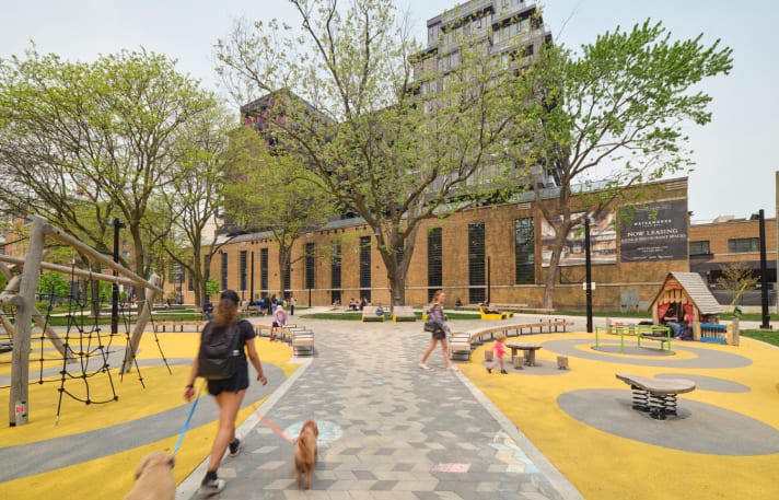 Techo-Bloc's commercial Diamond paver installed in a mix of colors for the St-Andrew's Playground landscape project in Toronto.