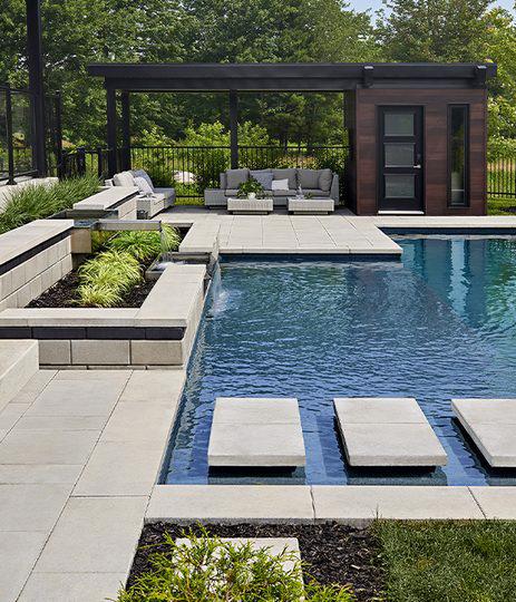 Techo Bloc slabs walls caps backyard patio poolside blu grande raffinato greyed nickel onyx black