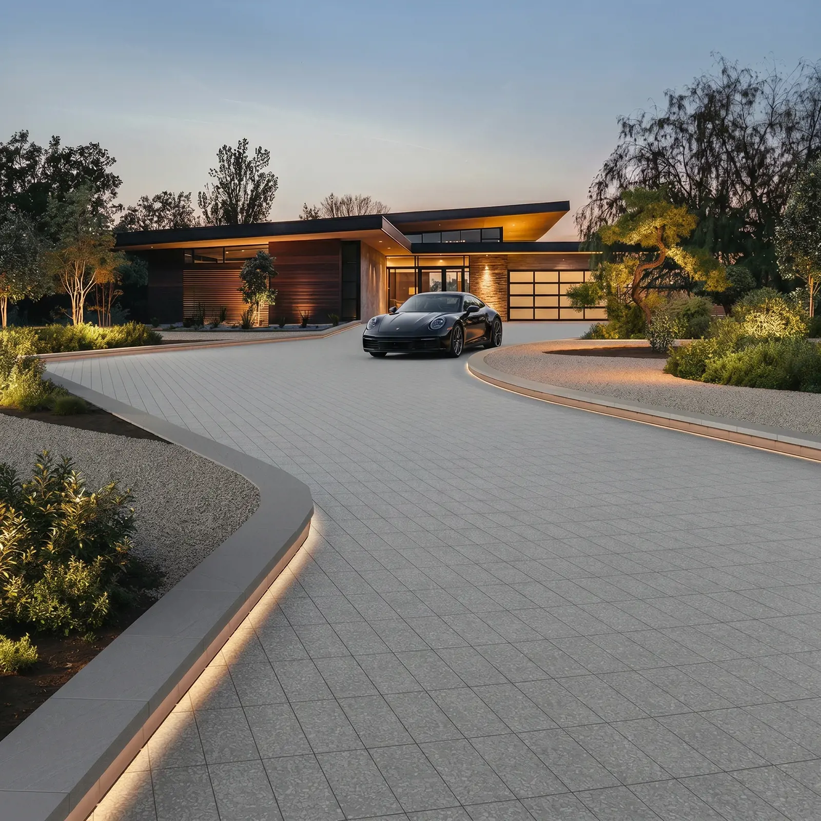 Terrazzo Paver in Moonrock Grey forming a modern driveway with a large square modular grid layout